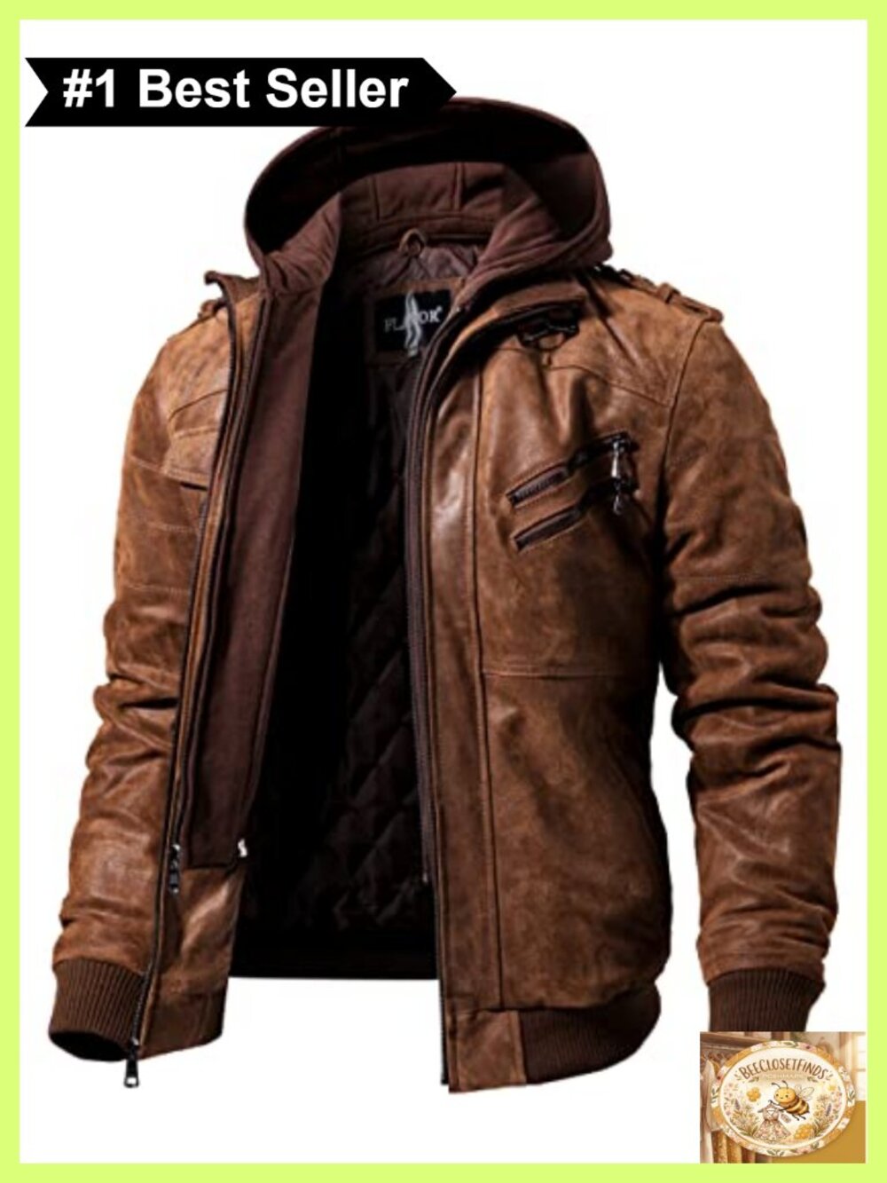 Genuine Pigskin Leather Motorcycle Jacket Removable Hood Men's